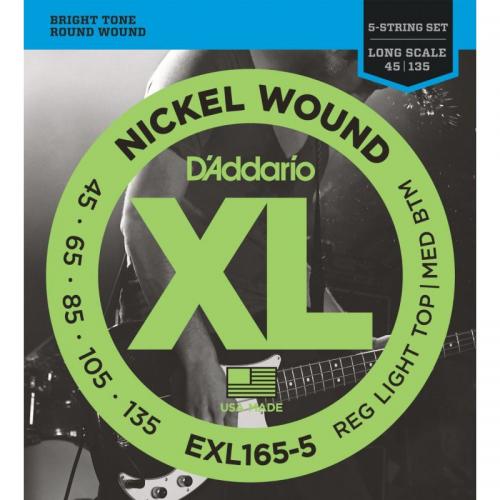 Струни для бас-гітари D'Addario Nickel Wound EXL165-5 Custom Light 5-String Bass 45/135 Струни для бас-гітари D'Addario Nickel Wound EXL165-5 Custom Light 5-String Bass 45/135