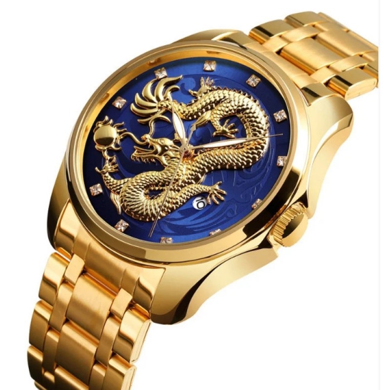 Чоловічий наручний годинник Skmei 9193 Дракон Золотистий