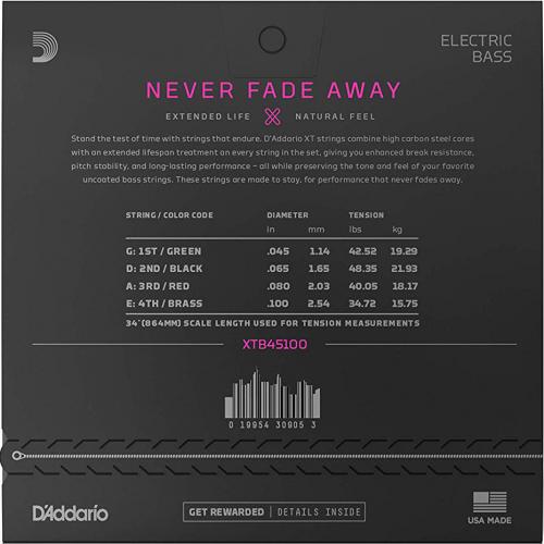 Струни для бас-гітари D'Addario XTB45100 XT Bass Regular Light 45/100 Струни для бас-гітари D'Addario XTB45100 XT Bass Regular Light 45/100
