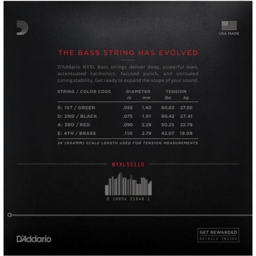 Струни для бас-гітари D'Addario NYXL55110 Long Scale Heavy Electric Bass 4 Strings 55/110 Струни для бас-гітари D'Addario NYXL55110 Long Scale Heavy Electric Bass 4 Strings 55/110