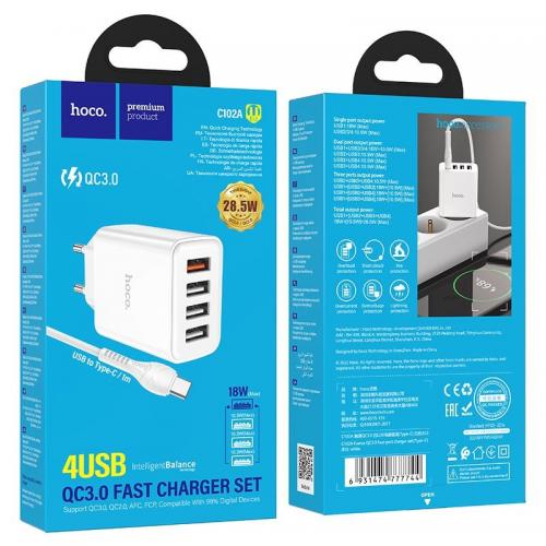 Настінний зарядний пристрій Hoco C102A 4USB 28.5W 18W QC AFC FCP / 3*USB 5V 2.1A Type C Настінний зарядний пристрій Hoco C102A 4USB 28.5W 18W QC AFC FCP / 3*USB 5V 2.1A Type C