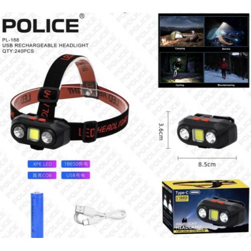 Яскравий налобний ліхтар акумуляторний Police PL-167 1*18650 COB+2XP charge Type-C