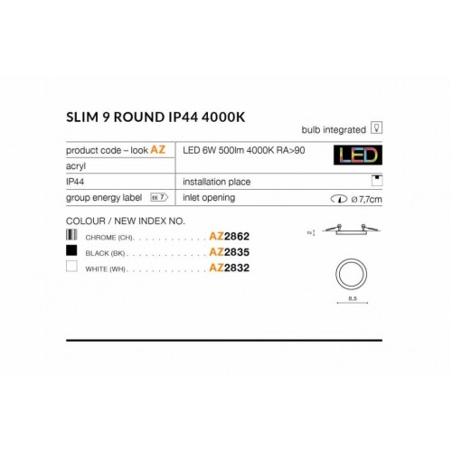 Точковий світильник AZzardo SLIM 9 ROUND IP44 4000K AZ2832