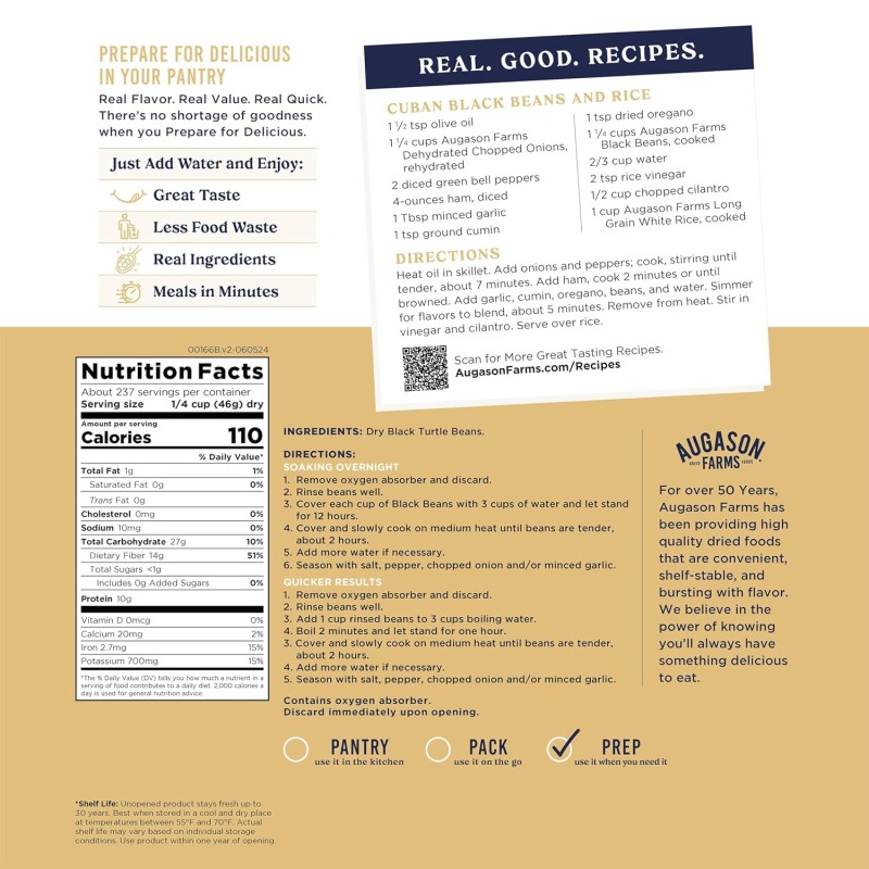 Сублімована чорна квасоля з великим терміном придатності до 30 років Augason farms, 236 порцій