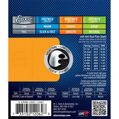 Струни для електрогітари Elixir 12062 Nanoweb Nickel Plated Steel 8-String Light 10/74 Струни для електрогітари Elixir 12062 Nanoweb Nickel Plated Steel 8-String Light 10/74