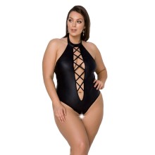 Боді з екошкіри Passion Nancy Body 6XL/7XL black, з імітацією шнурівки та відкритим доступом