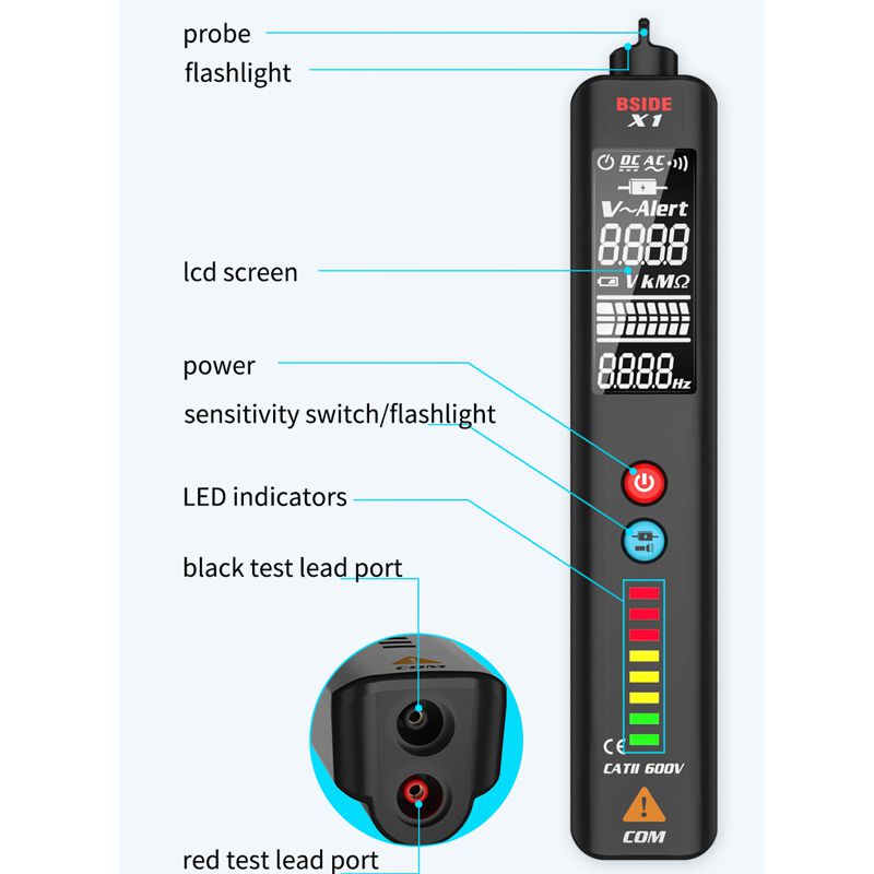 Безконтактний індикатор напруги - детектор обриву проводки багатофункціональний BSIDE X1 з функцією тестера і індикатора фази
