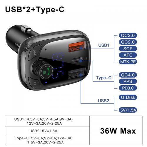 FM-трансмітер модулятор Baseus S-13 Bluetooth 5.0 c функцією зарядки (Чорний, 2xUSB, 1xType-C) FM-трансмітер модулятор Baseus S-13 Bluetooth 5.0 c функцією зарядки (Чорний, 2xUSB, 1xType-C)