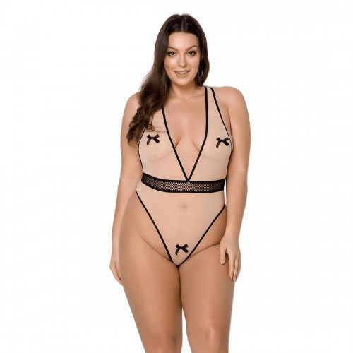 Боді Passion Viena Body 4XL/5XL beige, контрастне, бантики, вставка-сітка, відкриті сідниці в інтернет супермаркеті PbayMarket!