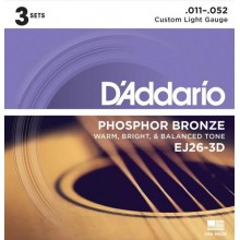 Струни для акустичної гітари D'Addario EJ26-3D Phosphor Bronze Custom Light Acoustic Guitar Strings 11/52