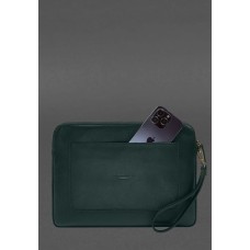 Шкіряний чохол для ноутбука на блискавці з кишенею та хлястиком на руку Зелений BlankNote