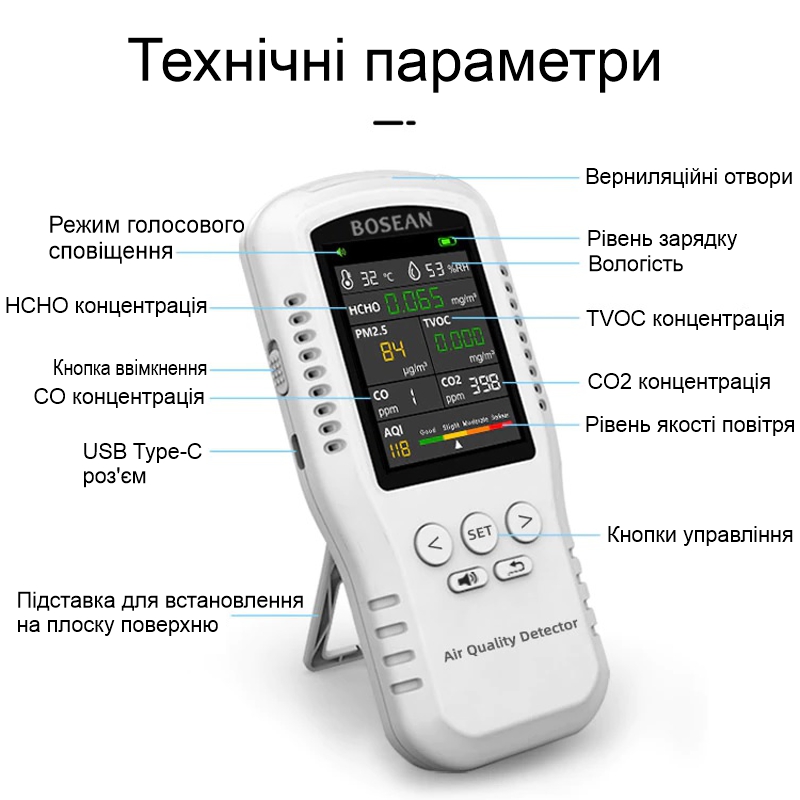 Датчик аналізатор якості повітря за 5-ма параметрами Bosean T-Z01Pro, професійний портативний