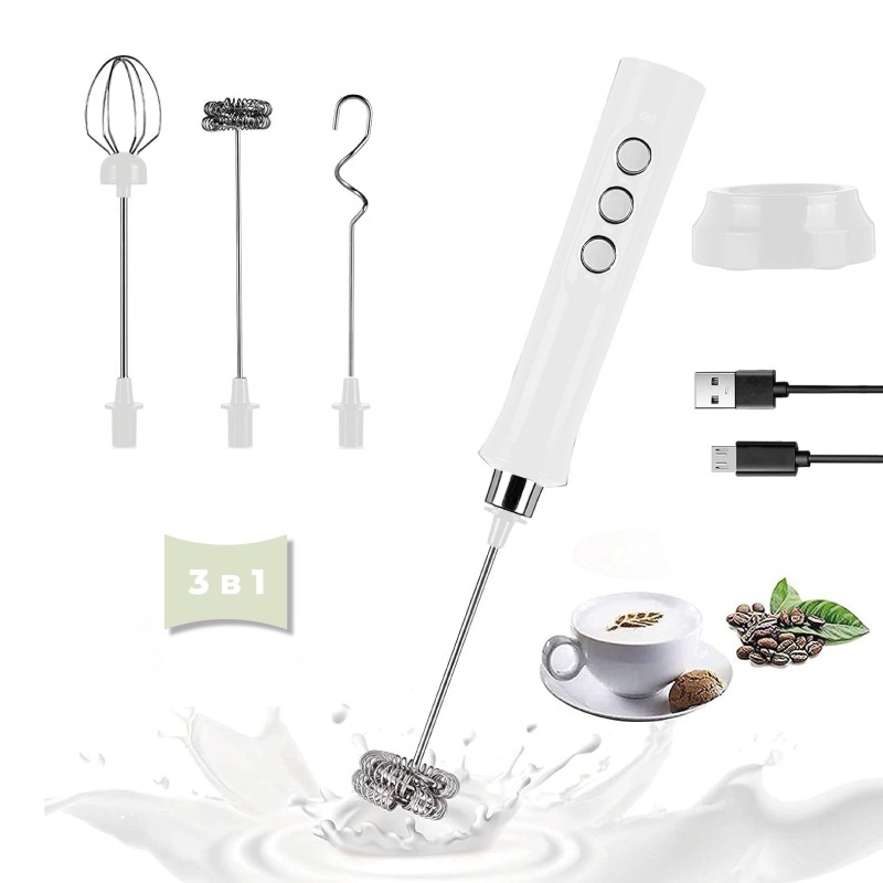 Спінювач молока (капучинатор) No Brand на акумуляторі з 3 насадками Білий