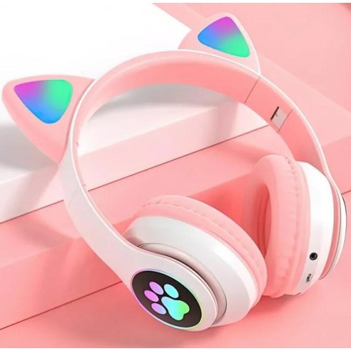 Бездротові навушники RIAS VZV-23M котячі вушка Bluetooth з RGB підсвічуванням White-Pink (3_01403)