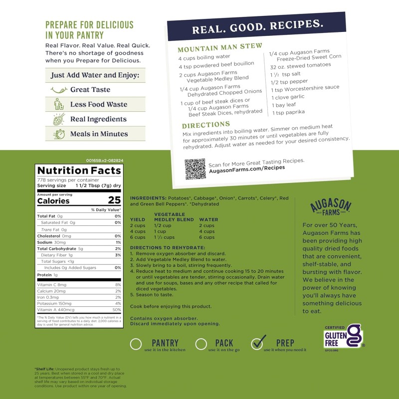 Сублімована суміш тушкованих овочів Augason farms, 778 порцій, 25 років термін зберігання