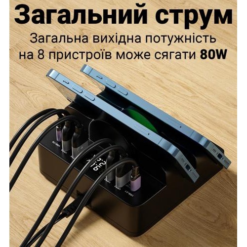 Док-станція з бездротовою зарядкою Addap MCS-F6 з 6 портами 80W Black