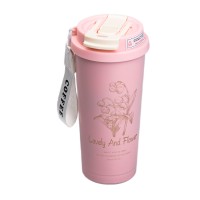 Термочашка з трубочкою та подвійним відкриванням YIWU Flower Style 500 мл Рожевий (HP-14-52P)