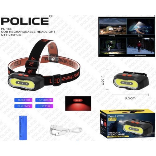 Яскравий туристичний ліхтар налобний акумуляторний Police PL-166 1*18650 COB charge Type-C Червоне світло Яскравий туристичний ліхтар налобний акумуляторний Police PL-166 1*18650 COB charge Type-C Червоне світло