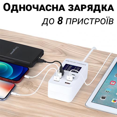 Мережевий зарядний пристрій на 8 роз'ємів Addap WLX-A8T Type-C + USB-A PD 3.0 та QC 3.0