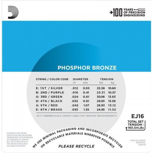 Струни для акустичної гітари 6 шт D'Addario EJ16 Phosphor Bronze Light Acoustic Guitar Strings 12/53 Струни для акустичної гітари 6 шт D'Addario EJ16 Phosphor Bronze Light Acoustic Guitar Strings 12/53