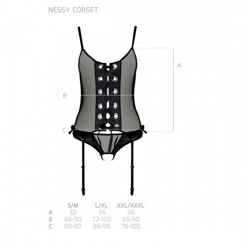 Корсет зі шнурівкою Passion NESSY CORSET S/M black, стрінги з відкритим доступом, пажі для панчіх в інтернет супермаркеті PbayMarket!