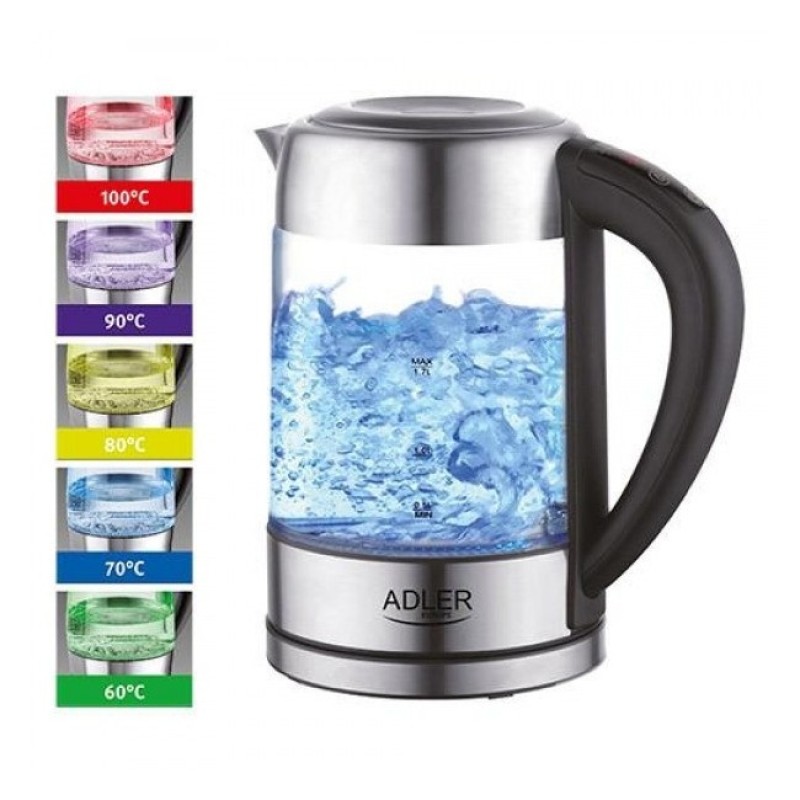 Електрочайник з терморегулятором скляний Adler AD 1247 1.7 л сріблястий