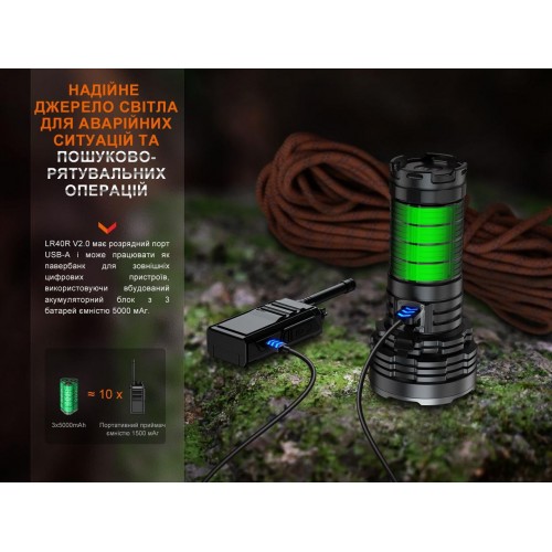 Ручний ліхтар Fenix LR40R V2.0 Power Bank 15000лм Type-C USB-A Чорний