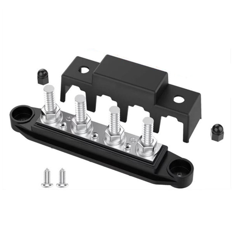 Розподільний блок з шиною Bus Bar з 4-ма шпильками М10 для з'єднання кабелів 12-48V DC, до 250A (чорний)