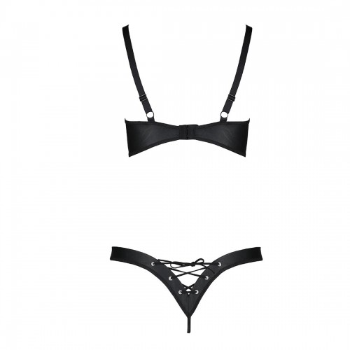 Комплект з екошкіри Celine Bikini black L/XL — Passion: відкритий бра зі стрічками, стрінги зі шнурі в інтернет супермаркеті PbayMarket!