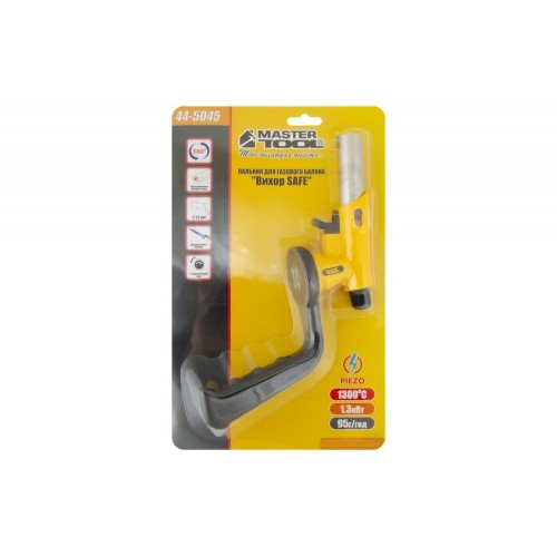 Пальник для газового балона MASTERTOOL GM Вихор SAFE п'єзопідпал Ø22 мм/1300°С з ручкою (44-5045)