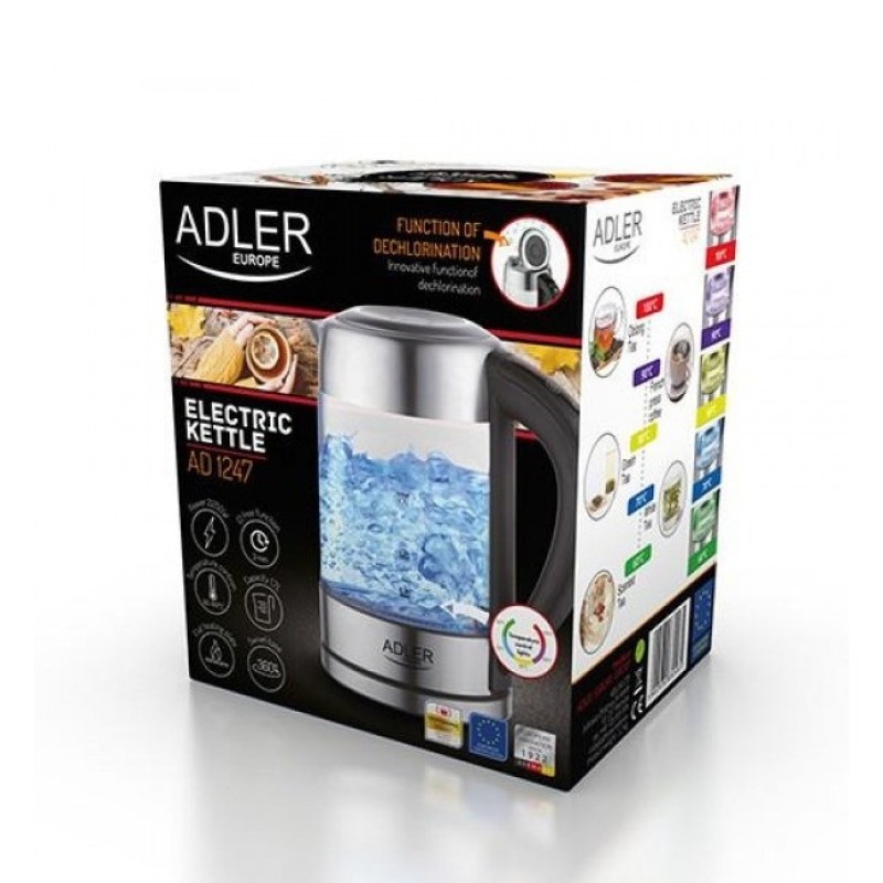 Електрочайник з терморегулятором скляний Adler AD 1247 1.7 л сріблястий
