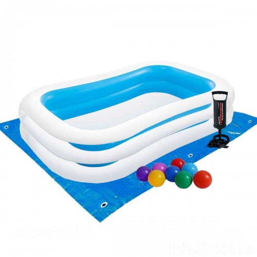 Дитячий басейн Intex 56483-3 «Сімейний», 262 х 175 х 56 см, з кульками 10 шт, підстилкою, тентом, насосом (hub_spoj6l)