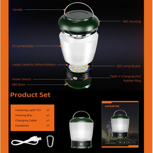 Ліхтар кемпінговий акумуляторний T31 SuperFire 200 Lumen IP44