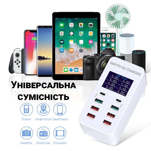 Мережевий зарядний пристрій на 8 роз'ємів Addap WLX-A8T Type-C + USB-A PD 3.0 та QC 3.0