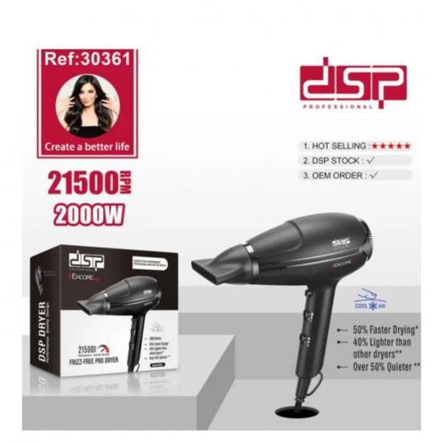 Фен для укладання та сушіння волосся Dsp 30361 з концентратором 2000W Чорний Фен для укладання та сушіння волосся Dsp 30361 з концентратором 2000W Чорний
