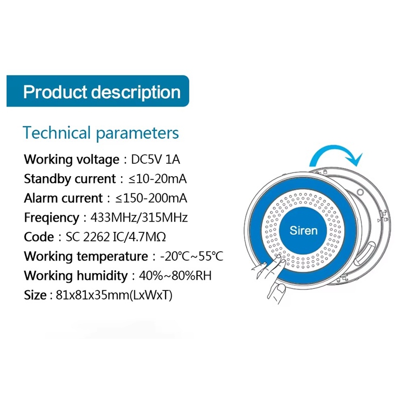 Бездротова сирена автономна для бездротових датчиків 433 мГц Digoo DG-ROSA, з акумулятором
