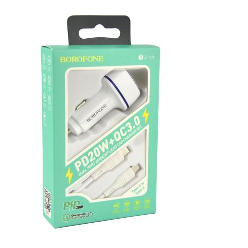 Автомобільний зарядний пристрій Borofone BZ14A PD20W + QC3.0 Type C to Type C 3A Білий Автомобільний зарядний пристрій Borofone BZ14A PD20W + QC3.0 Type C to Type C 3A Білий