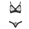 Комплект з екошкіри Celine Bikini black L/XL — Passion: відкритий бра зі стрічками, стрінги зі шнурі в інтернет супермаркеті PbayMarket!