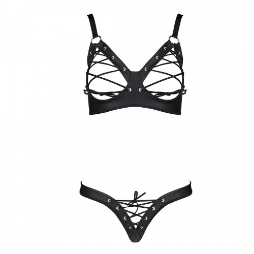 Комплект з екошкіри Celine Bikini black L/XL — Passion: відкритий бра зі стрічками, стрінги зі шнурі в інтернет супермаркеті PbayMarket!