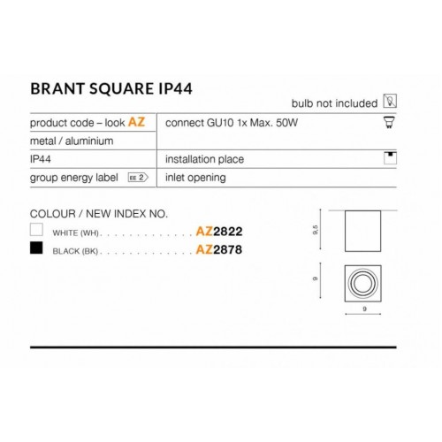 Точковий світильник AZzardo BRANT SQUARE IP44 AZ2878 Точковий світильник AZzardo BRANT SQUARE IP44 AZ2878