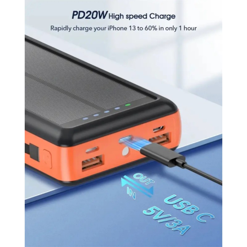 Зарядний пристрій на сонячних батареях No Brand Powerbank 20000 mAh із ліхтариком (2431313731)