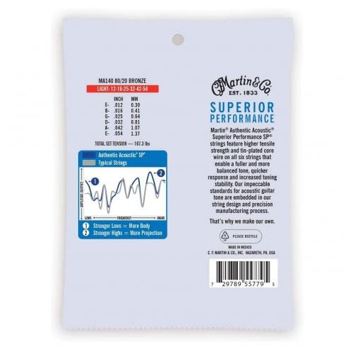 Струни для акустичної гітари 6 шт Martin MA140 80/20 Bronze Light Acoustic Guitar Strings 12/54 Струни для акустичної гітари 6 шт Martin MA140 80/20 Bronze Light Acoustic Guitar Strings 12/54