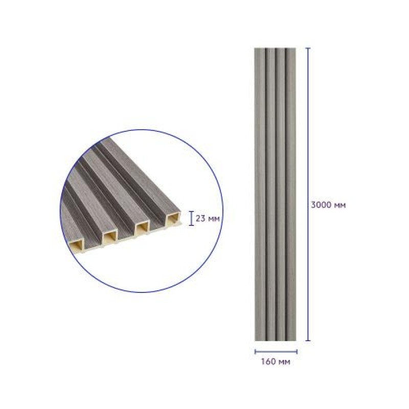 Декоративна стінова рейка Sticker Wall WPC Сірий 160x3000x23 мм (SW-00001528)