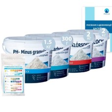 Набір для коригування балансу води «Аква Аптечка» InPool 80513 (pH+ 300г, pH- 1,5 кг, шок хлор 2 кг,  флокер 2 кг, тести). Засоби для об'єму 27 ÷ 40 м³