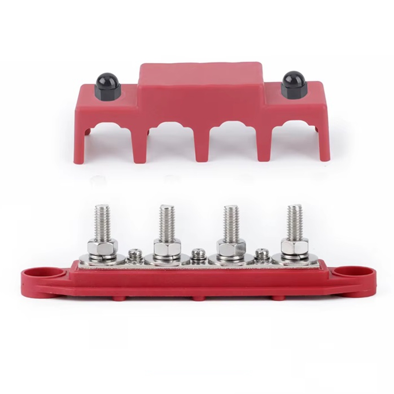 Розподільний блок з шиною Bus Bar з 4-ма шпильками М8 для з'єднання кабелів 12-48V DC, до 250A (червоний)