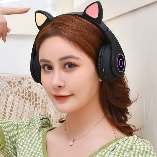 Повнорозмірні навушники бездротові Cat Headset Y 047 Bluetooth з підсвічуванням та котячими вушками Black