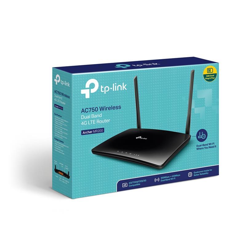 Бездротовий маршрутизатор TP-LINK Archer MR200 (AC750, 1xFE Wan, 4xFE LAN, 1xSimCardSlot, 2 антени LTE, 3 антени)
