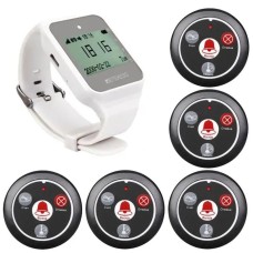 Система виклику офіціанта бездротова з білим годинником - пейджером Retekess TD108 + 5 чорних кнопок (з кнопкою КАЛЬЯН)