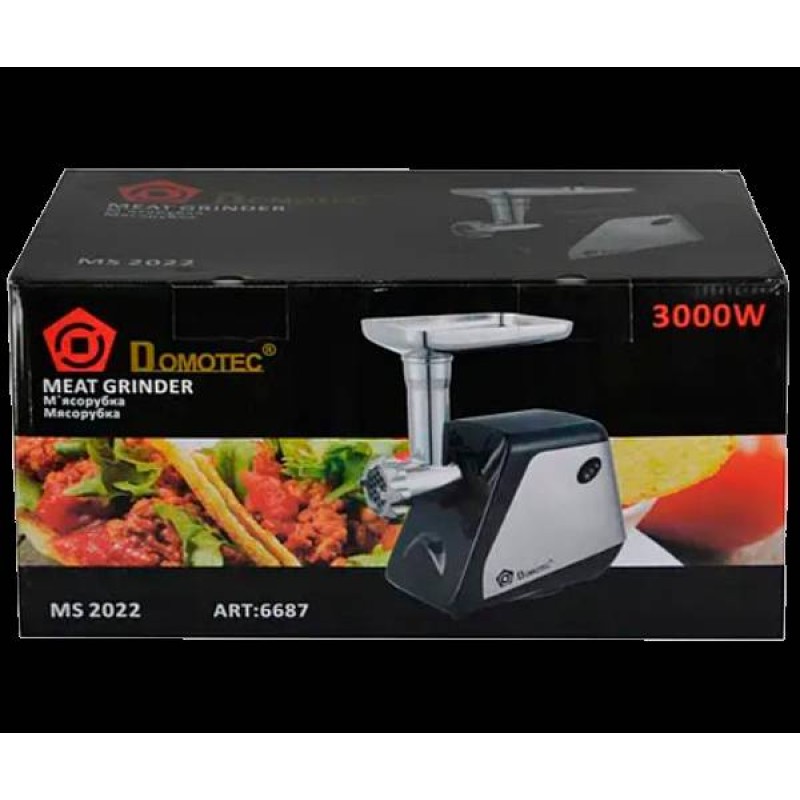 Електром'ясорубка з насадками для ковбас та кеббі Domotec MS-2022 чорна 3000W (6687_1537)