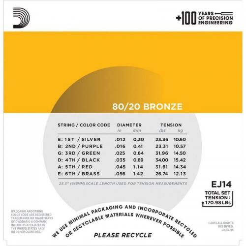 Струни для акустичної гітари D'Addario EJ14 80/20 Bronze Light Top/Medium Bottom Acoustic Guitar Strings 12/56 Струни для акустичної гітари D'Addario EJ14 80/20 Bronze Light Top/Medium Bottom Acoustic Guitar Strings 12/56